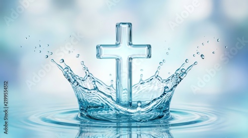 Clean clear water droplets form a religious Christian cross symbol.