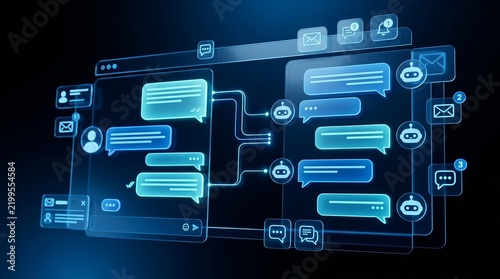 Digital messaging interface and chatbot concept showing communication with AI in a glowing environment.