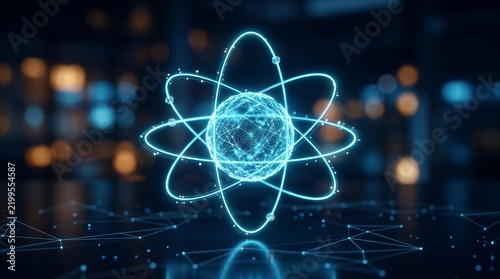 Advanced tech concept featuring a 3D atom model with blue light and modern graphic design elements.