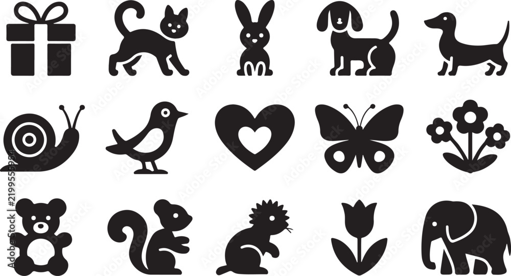 Obraz premium Set of cute animal silhouettes including a cat a bunny and a dog with flowers