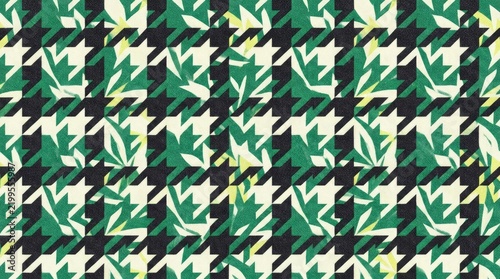 Modern houndstooth pattern with green leaf botanical overlay