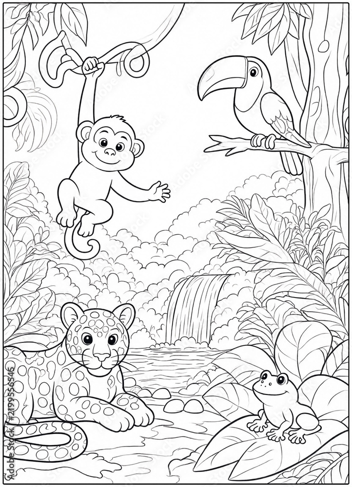 Fototapeta premium Coloring book page featuring animals in a jungle setting with a monkey, toucan, jaguar, and frog near a waterfall