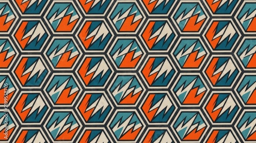 Retro geometric hexagon pattern with stylized lightning bolts