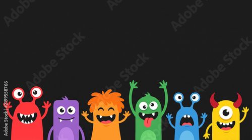 Set of funny cartoon Halloween monsters with colorful spooky characters isolated on a black background, creating a playful collection for festive holiday designs.
