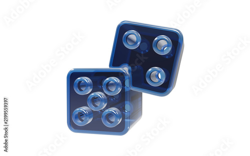 Pair of blue translucent dice 3d icon isolated on transparent background for casino games and tabletop gaming concepts featuring high quality render for digital interfaces and mobile application ui