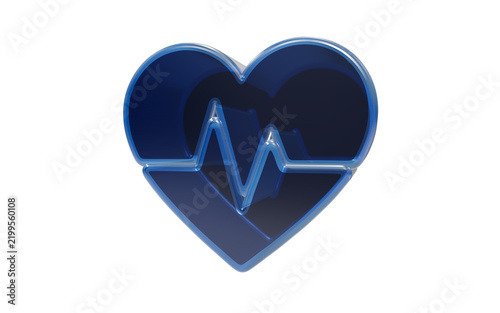 Heart pulse EKG line inside blue glass heart shape isolated on transparent background 3d icon for cardiology and cardiac health monitoring concepts for medical websites and health applications