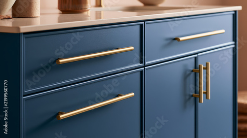 Elegant Contemporary Bathroom Interior Featuring Blue Vanity Cabinet with Brass Hardware and Light Countertop