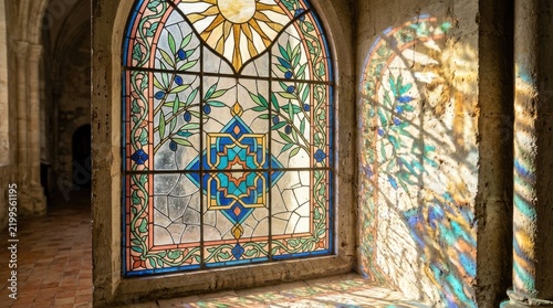 Sunlight streaming through ornate stained glass window in stone cloister
