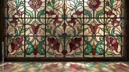 Vintage stained glass window with floral pattern and colorful light projection