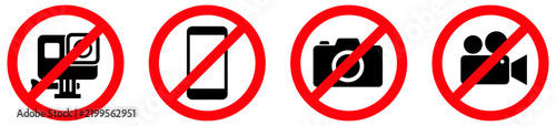 Set of no recording signs including action camera, smartphone, digital camera, and video camera icons