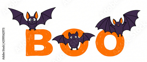 Cute smiling black cartoon bats flying while holding BOO letters in their paws, isolated on a white background in a playful flat vector Halloween illustration.