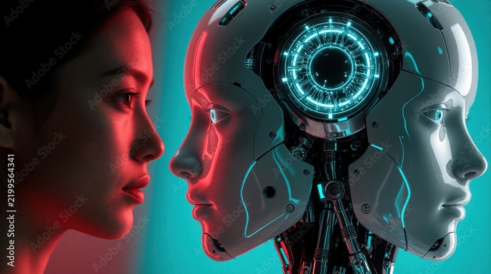 Fototapeta premium Woman and robot face profile comparison. Human versus AI, digital evolution concept with contrasting red and blue light. Futuristic tech background.