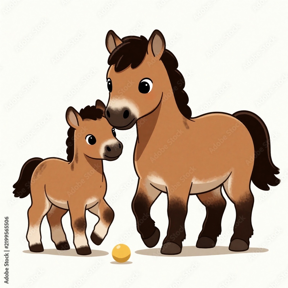 Fototapeta premium Mama horse and foal play with yellow ball. Adorable cartoon equines share sweet bonding moment. Whimsical artwork depicts peaceful countryside farm life.