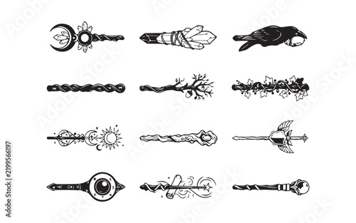 Фотография mystical black magic wands vector set on transparent background for witchcraft and wizardry designs