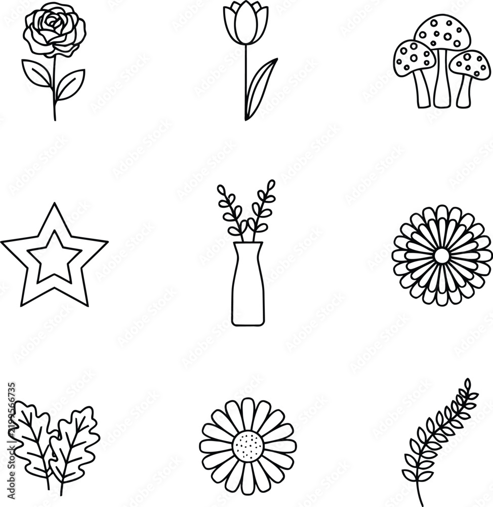 Fototapeta premium Collection of nine cute hand-drawn nature and flower icons