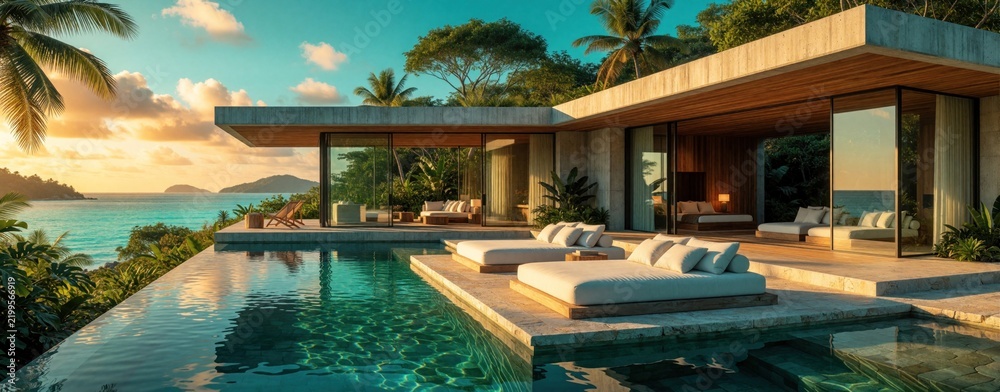 Fototapeta premium Luxury villa with infinity pool overlooks turquoise ocean. Modern architecture blends with tropical nature. Sunbeds invite relaxation by the calm sea, perfect island getaway.
