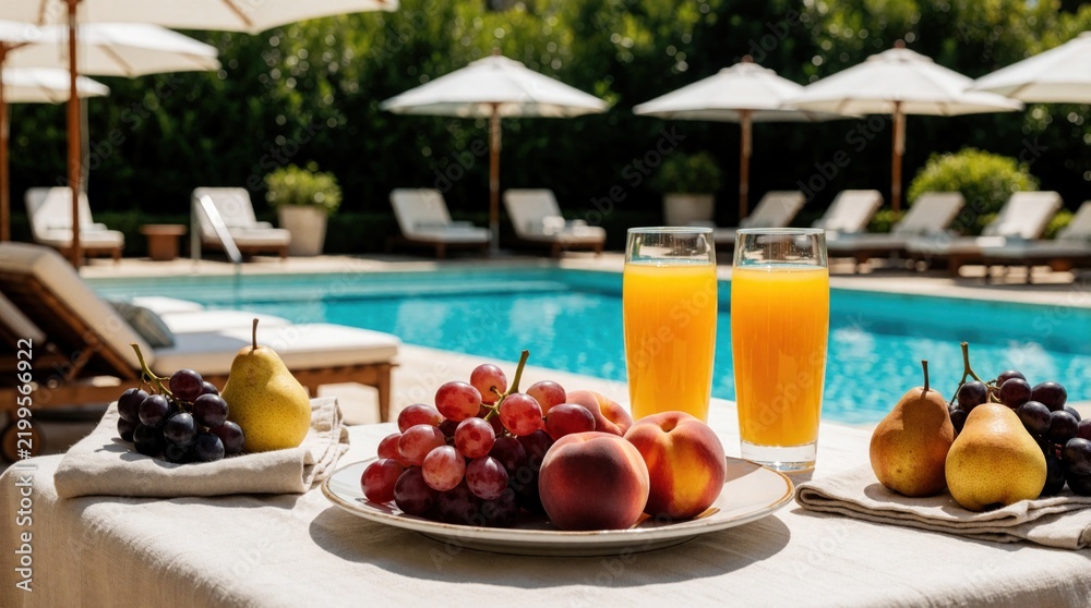 Obraz premium Luxury country club terrace with fresh fruit plate, orange juice glasses by swimming pool. Summer vacation breakfast at upscale resort. Healthy lifestyle food on table with tropical drinks, sun