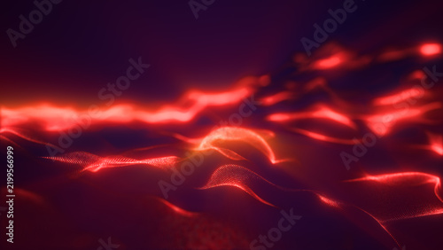 Abstract red digital particle wave with glowing mesh lines, dark background, and futuristic data flow.