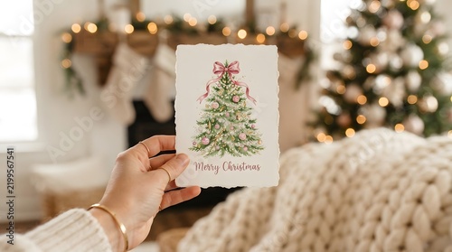Hands holding a christmas card with a festive tree illustration in a cozy home setting