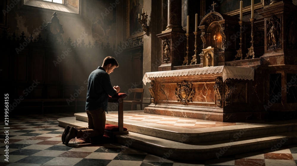 Obraz premium Young man kneels in prayer at ornate church altar. Sunlight streams through window, illuminating quiet worship. Contemplative person seeks spiritual solace and peace inside sacred sanctuary.