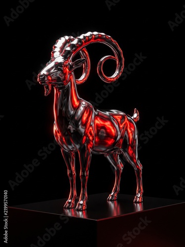 Chrome goat sculpture reflecting…