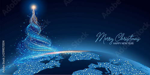 Futuristic Christmas tree light trail on planet Earth globev