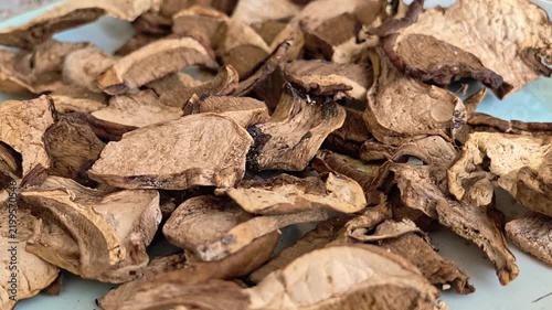 Freshly dried mushrooms arranged on a plate for display or use in recipes