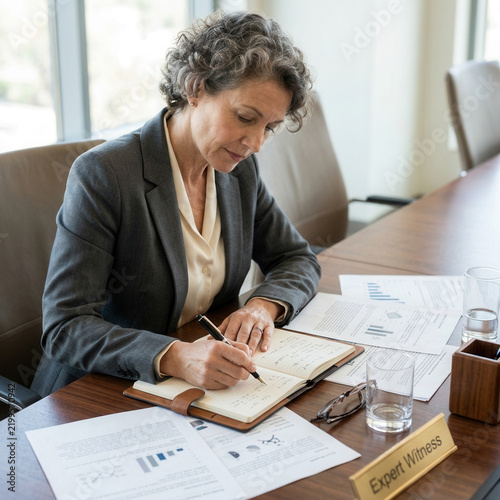 Experienced Professional Woman Expertly Writing Notes in Business Meeting Setting