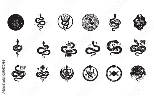 Set of mystic snakes vector illustrations for tattoo design, t-shirt prints, or witchcraft symbols.