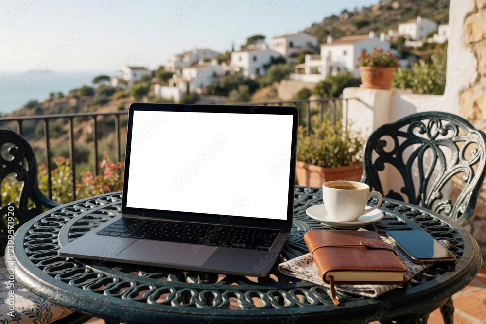 Fototapeta premium Open laptop with blank screen on outdoor table near sea. Coffee cup notebook and phone suggest remote work or vacation break. Serene backdrop houses hillside.