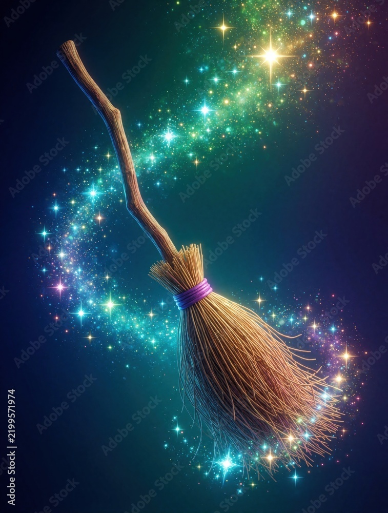 Fototapeta premium Magical wooden broomstick floats in dark space with glowing stardust trail. Sparkling stars, colorful light particles swirl around mystical witch broom. Fantasy object shines with vibrant blue,