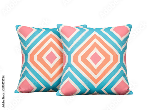Two matching patterned cushions with colorful diamond motifs