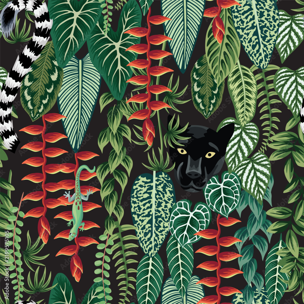 Obraz premium Tropical exotic flower, palm leaves, panther, lemur, lizard seamless pattern black background. Exotic jungle wallpaper. 