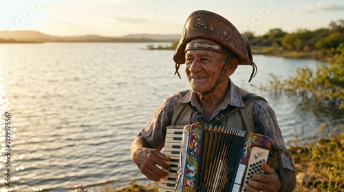 Idoso vaqueiro nordestino com chapéu de cangaceiro tocando sanfona à beira do rio ao pôr do sol