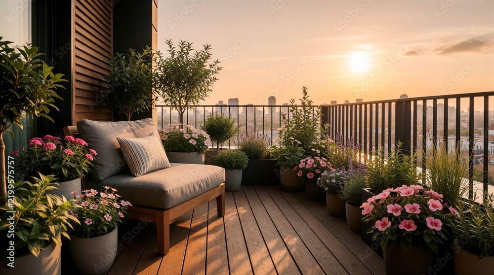 Fototapeta premium Balcony garden with plants and seating overlooks city skyline at sunset. Outdoor urban oasis offers peaceful relaxation and beautiful views. Wooden deck provides comfort. Warm light.