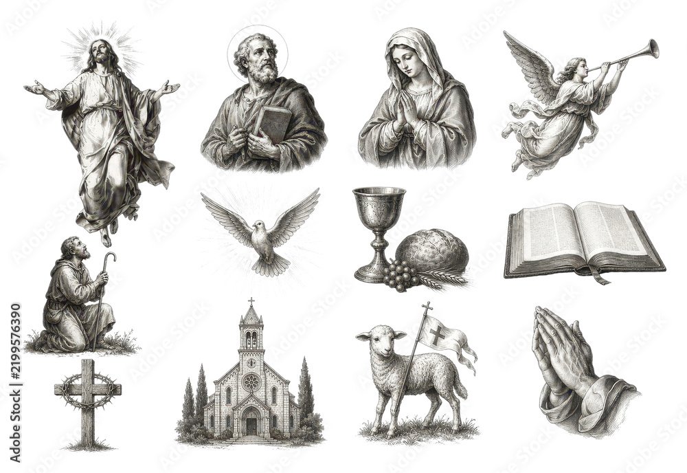 Fototapeta premium PNG Vintage Christian religious symbols and sacred illustration set