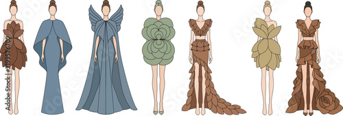 Avant Garde Couture Gowns Sculptural Ruffle Petal Dresses Fashion Illustration Vector