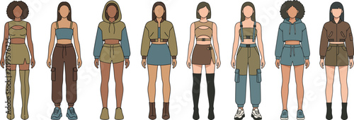 Diverse Women Streetwear Outfits Crop Tops Cargo Shorts Denim Skirts Fashion Vector