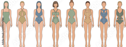 Women One Piece Swimsuits Cutout Monokini Swimwear Collection Fashion Vector