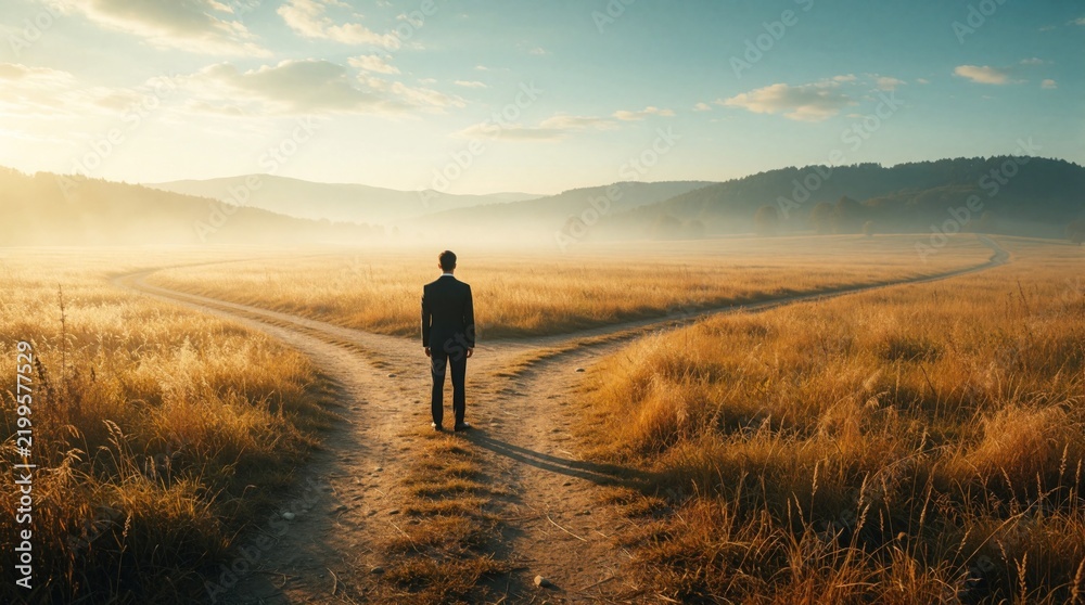 Obraz premium Lone man in business suit stands at dirt road crossroads in misty field. Businessman faces split paths during golden hour. Concept of life decision, career choice, future direction, personal journey