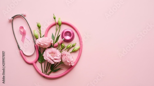 Breast Cancer Awareness Month Pink stethoscope and pink roses arranged with a pink breast cancer awareness ribbon on a pink