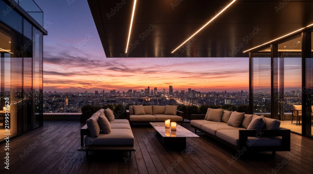 Fototapeta premium Luxury rooftop patio at dusk overlooks city skyline. Modern furniture and ambient lighting create serene atmosphere. Perfect for relaxing evenings and urban retreats.