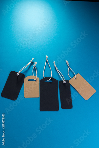 Five labels of different shapes on a blue background that can be used as a realistic mock-up
