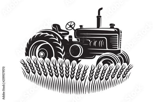 Vintage style tractor working in a ripe wheat field with agriculture
