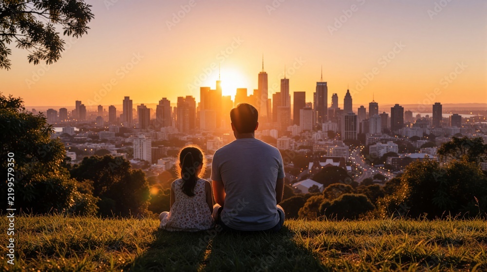 Obraz premium Father and daughter gaze at city skyline during golden hour sunset. Family sits on grass hill enjoying quiet time together looking at urban landscape view.