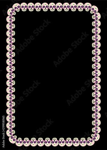 Colorful sugar skulls arranged as a rounded rectangular decorative border on a deep black background, creating a festive symmetrical frame with empty space