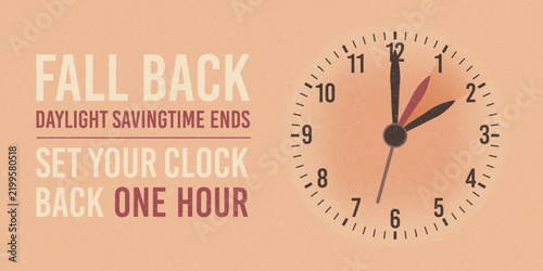 Fall Back Daylight Saving Time Ends USA Retro Banner with Clock Arrow Illustration