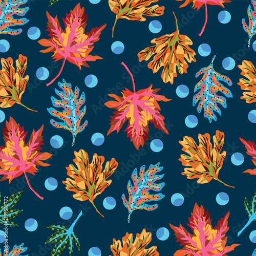Textured fall leaves with textured blue polka dots on a dark blue surface seamless pattern. This hand drawn design features a bold nontraditional color palette with detailed leaf texture throughout. 