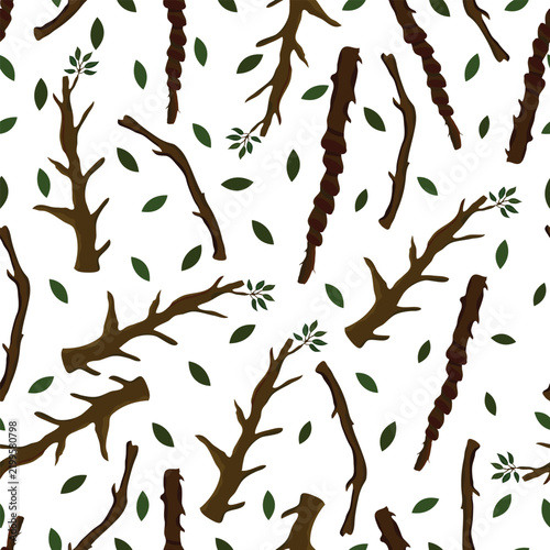 Autumn twigs and green leaves seamless pattern in a natural botanical style. This hand drawn design features delicate branch details paired with fresh green foliage throughout. 