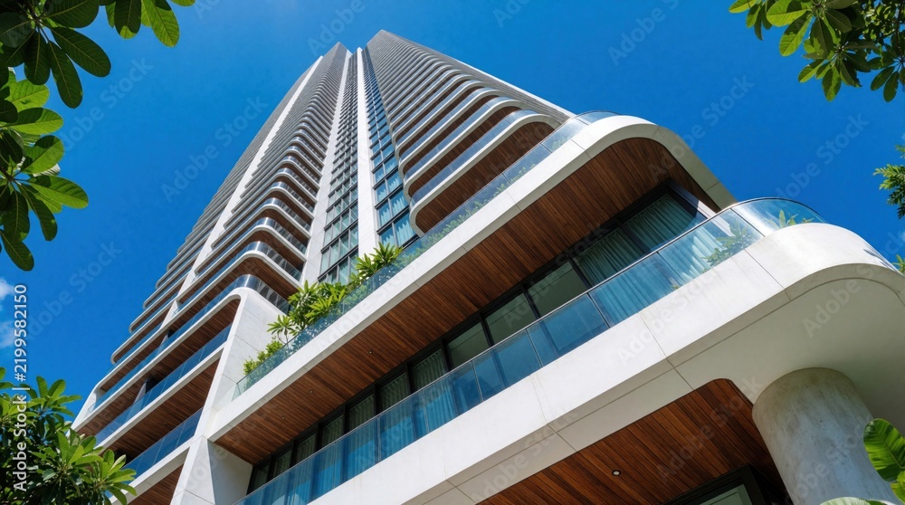 Fototapeta premium Modern skyscraper rises toward bright blue sky. Luxury highrise building features curved balconies with glass railings, wooden ceilings. Green plants decorate terrace levels. Sleek contemporary